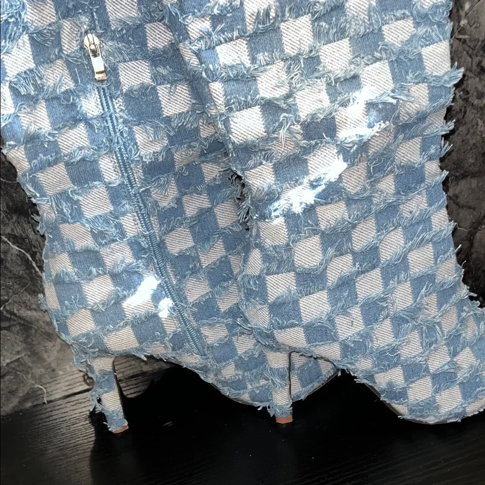 Blue and White Checkered Knee-High Boots - Picture 3 of 8
